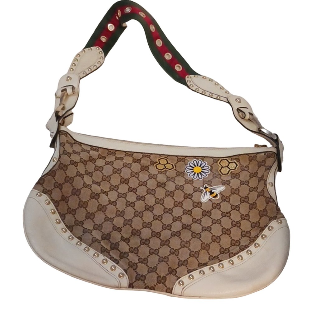 Gucci Tote Bag STUDDED Shoulder Bag RED Green‎ Strap IVORY LEATHER added patch